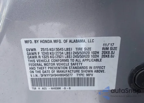 2017 Honda Pilot Touring из США, поврежденный, VIN 5FNYF5H94HB045277